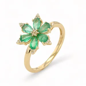 14K Yellow gold  Emerald and Diamond flower ring-31713