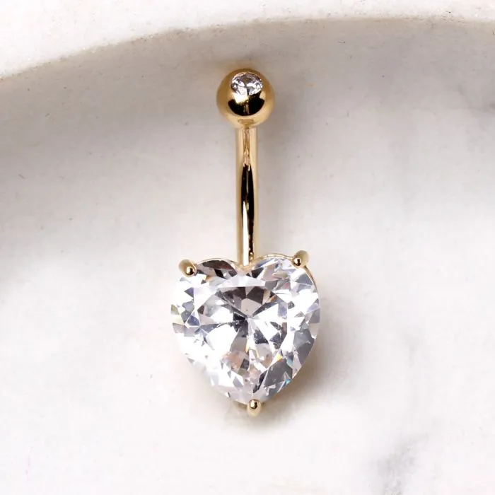 14Kt Yellow Gold Navel Ring with Large Clear Heart Prong Set CZ