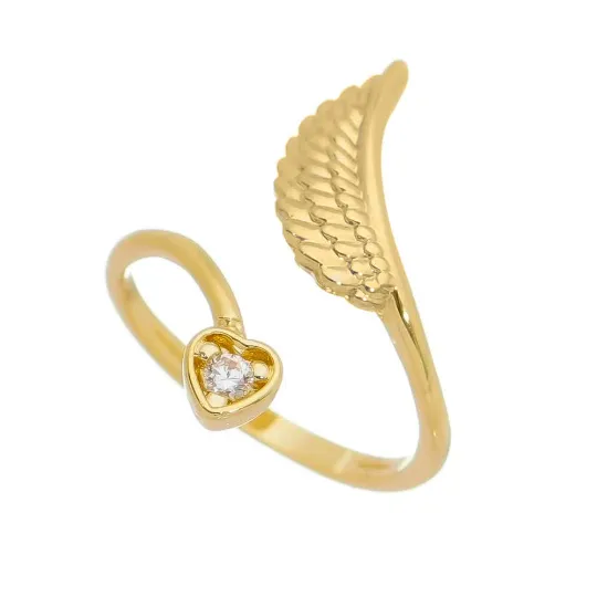 18k Gold Filled Adjustable Open Boho Ring Featuring Heart With Cubic Zirconia And Wing Making