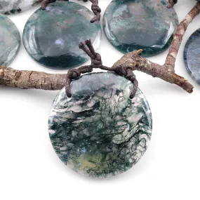 2 Hole Pendant Large Natural Green Moss Agate Circular Round Pendant Gemstone Focal Bead A6