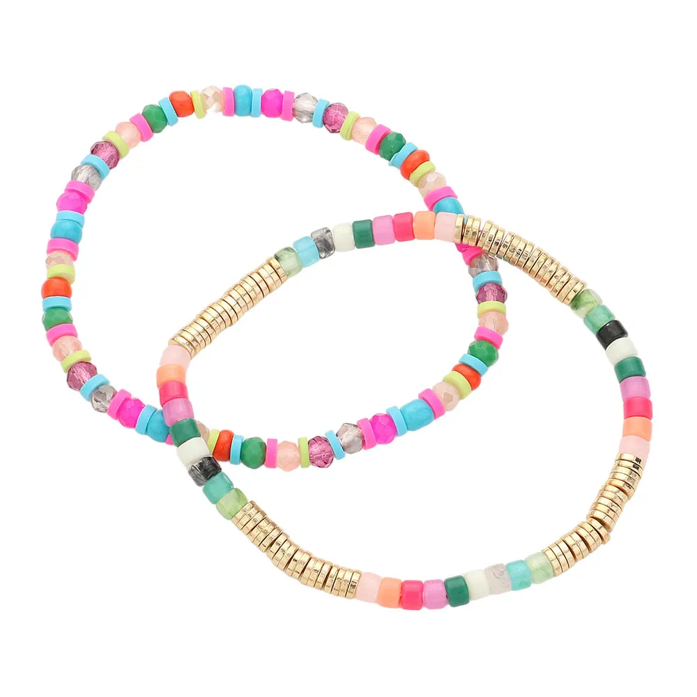 2PCS - Heishi Beaded Stretch Multi Layered Bracelets