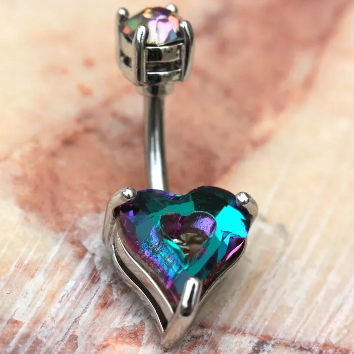 316L Stainless Steel Rainbow Hollow Heart CZ Navel Ring