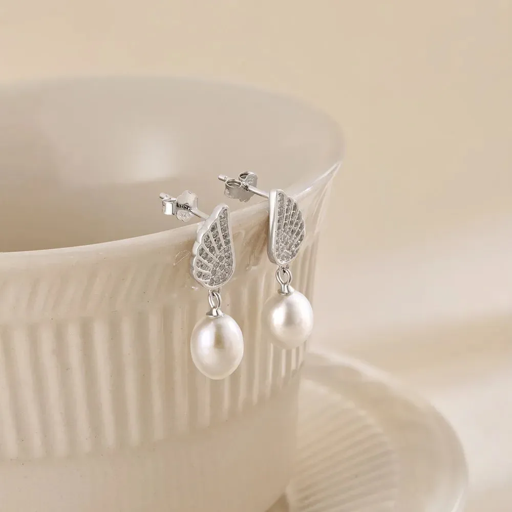 Angel's Wing Pearl Drop Earrings