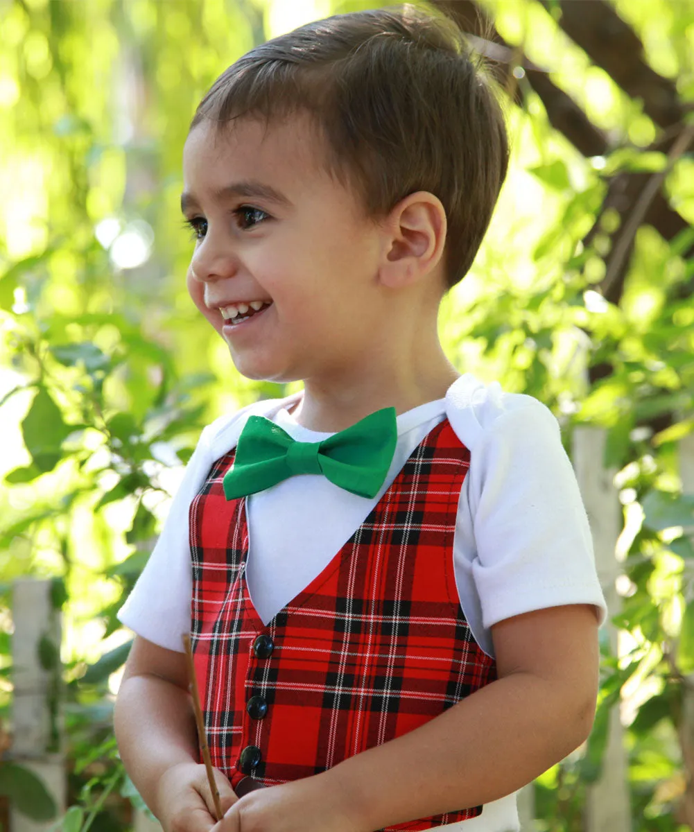 Baby Boy Christmas Outfit with Plaid Tartan Vest and Green Bow Tie