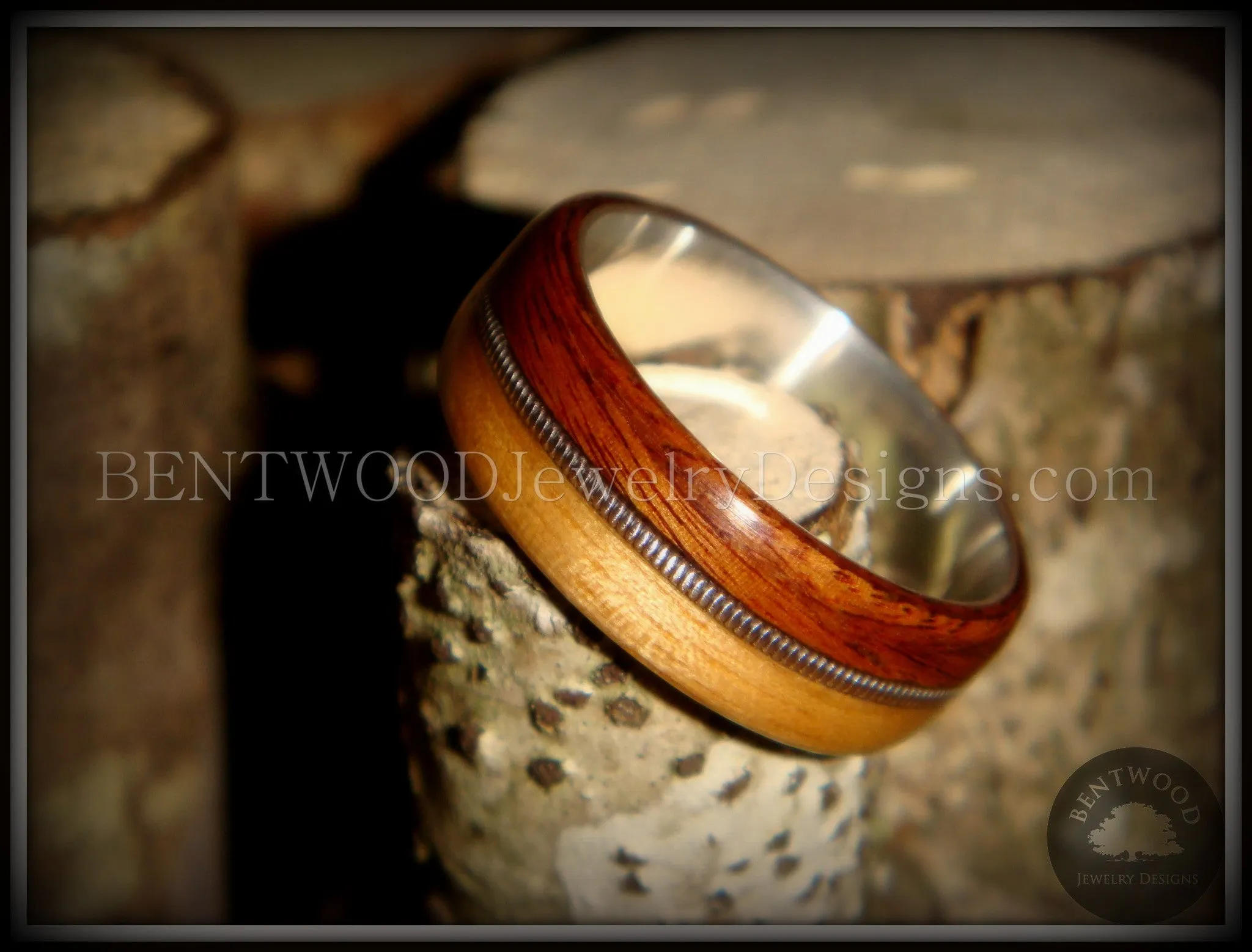 Bentwood Ring - Rosewood & Bamboo Wood Ring with Fine Silver Core and Thick Silver Guitar String Inlay