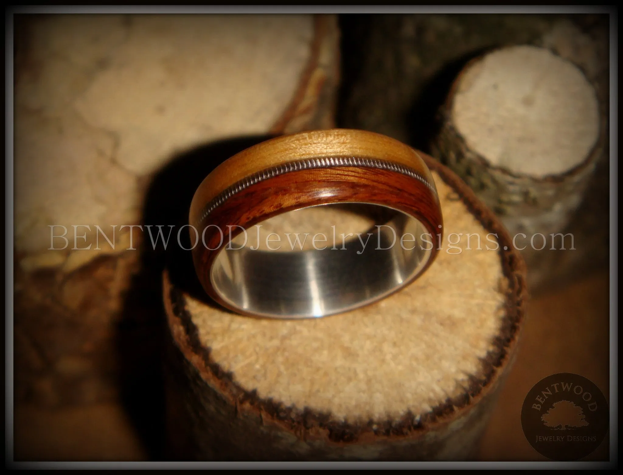 Bentwood Ring - Rosewood & Bamboo Wood Ring with Fine Silver Core and Thick Silver Guitar String Inlay