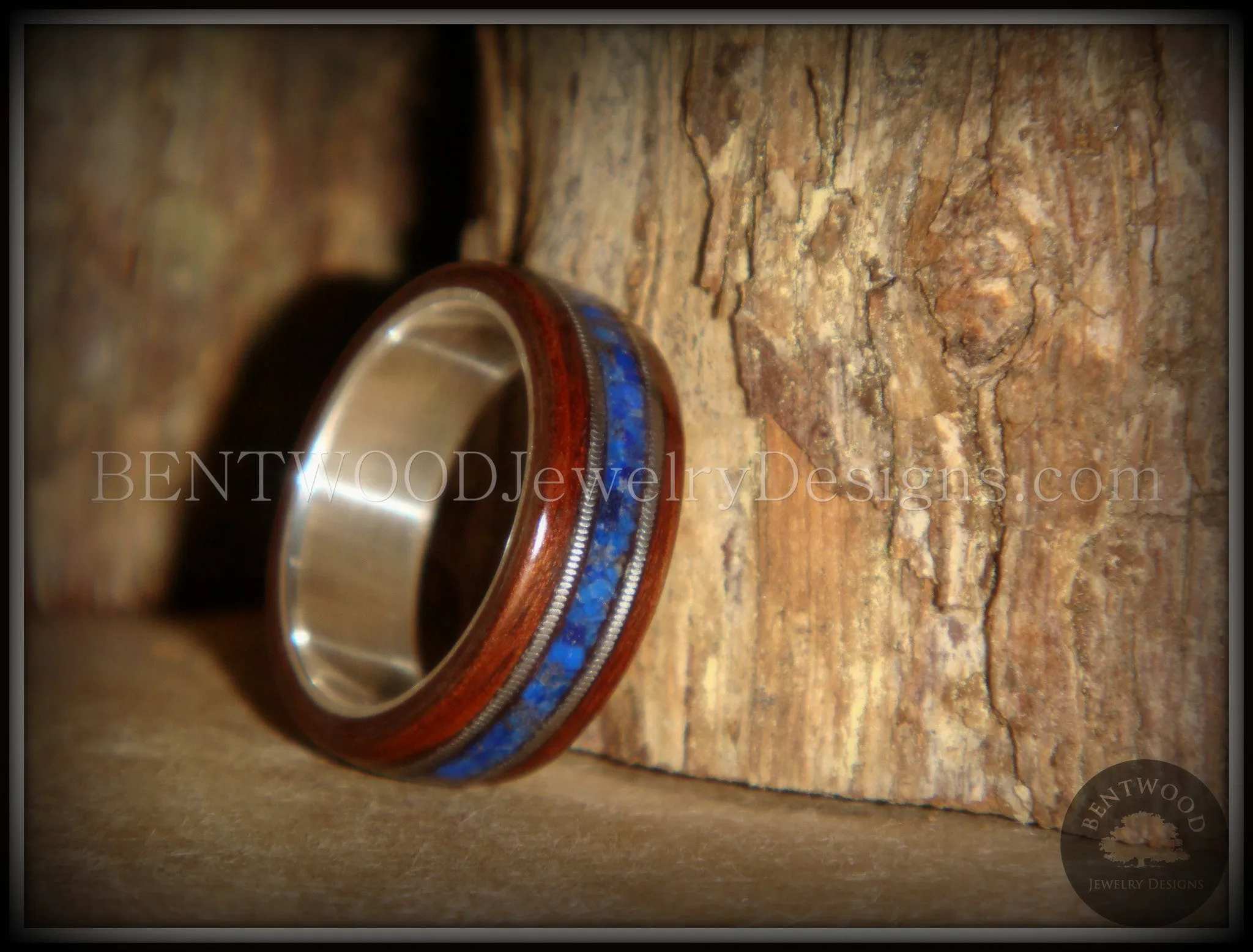 Bentwood Ring - Tracks Light Ebony Wood Ring with Fine Silver Core, Double Guitar String and Blue Lapis Inlay