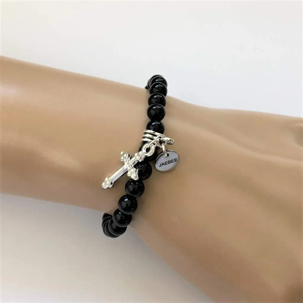 Black Onyx Bracelets and Silver Cross Bracelet Set