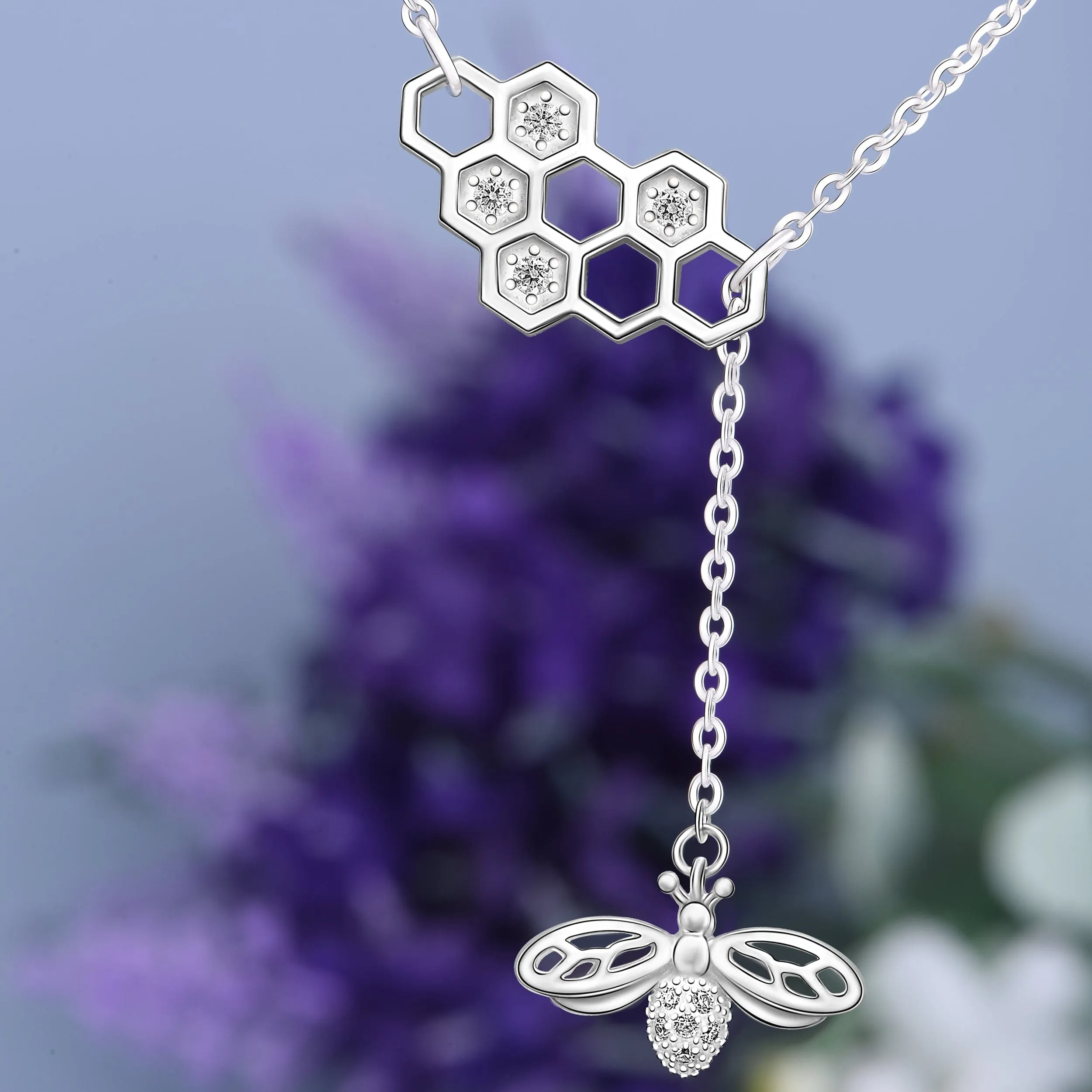 CZ Honeycomb Necklace with Bee Necklace Charm Silver