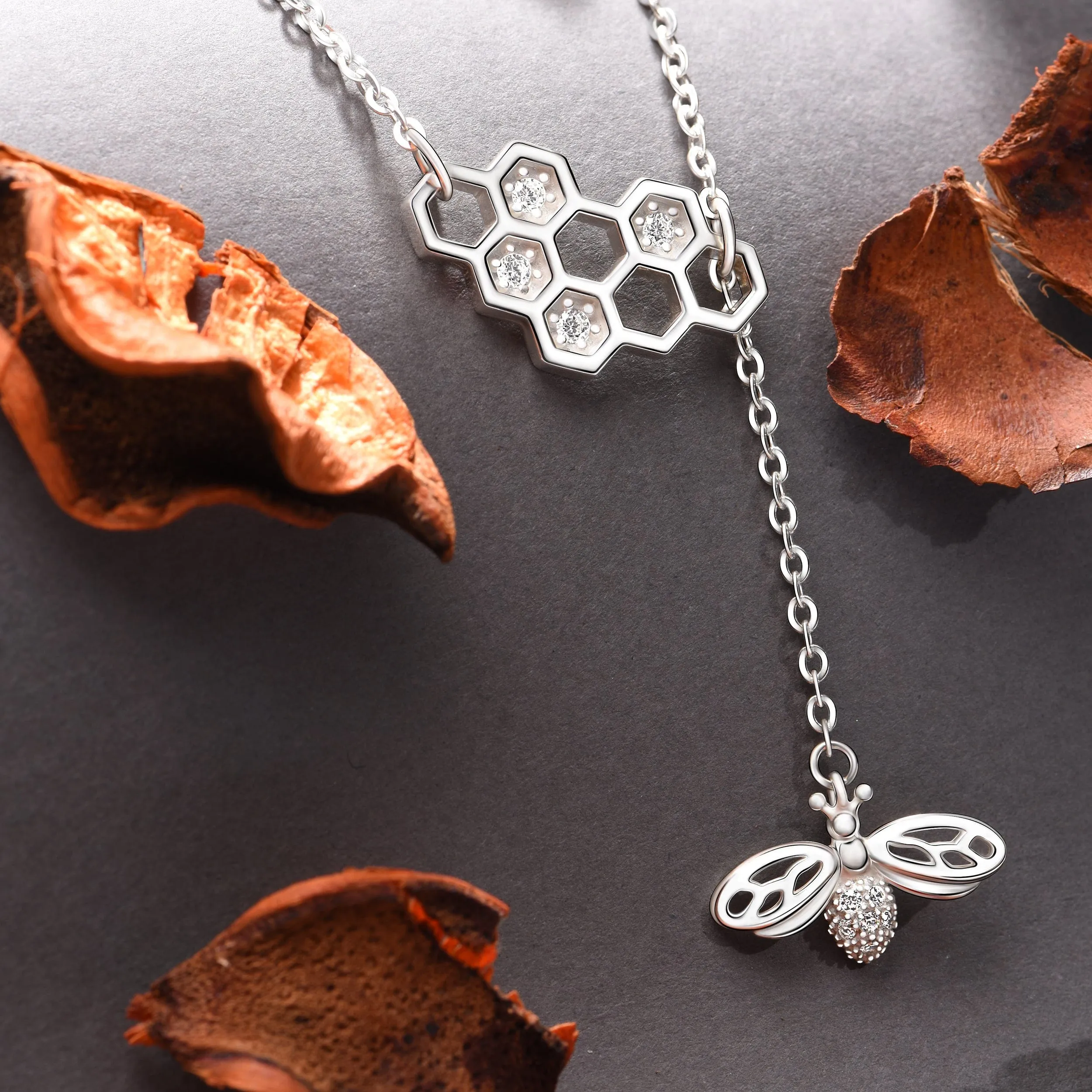 CZ Honeycomb Necklace with Bee Necklace Charm Silver