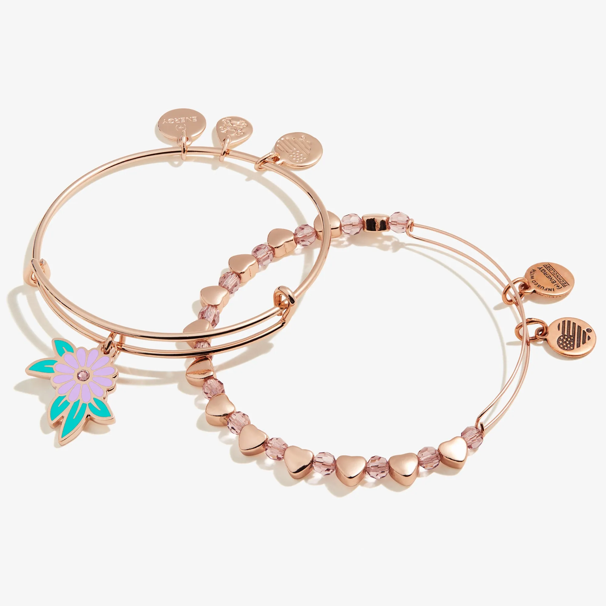 Flower   Hearts Charm Bangle Bracelets, Set of 2