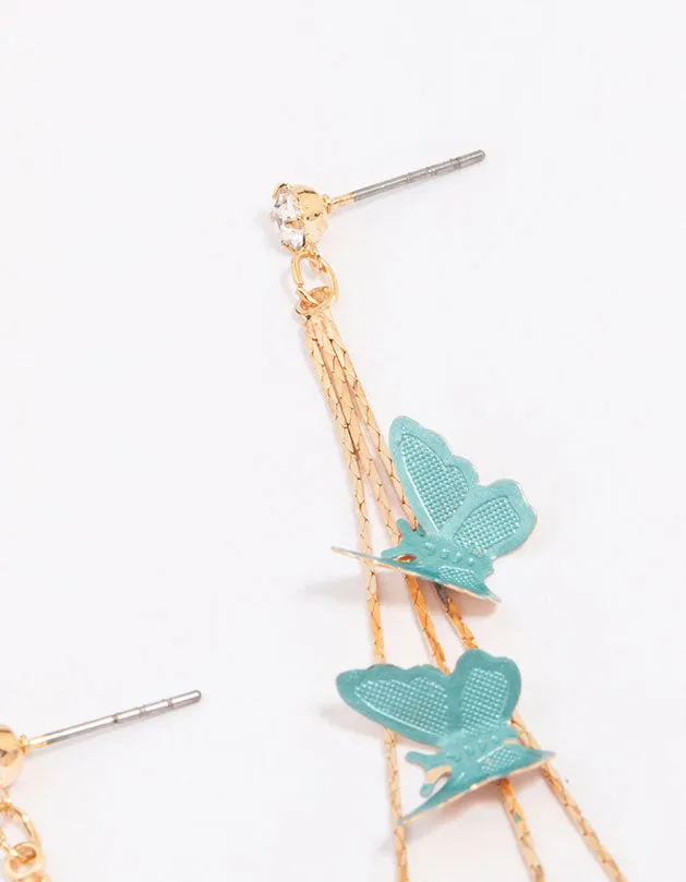 Gold & Blue Butterfly Drop Earrings