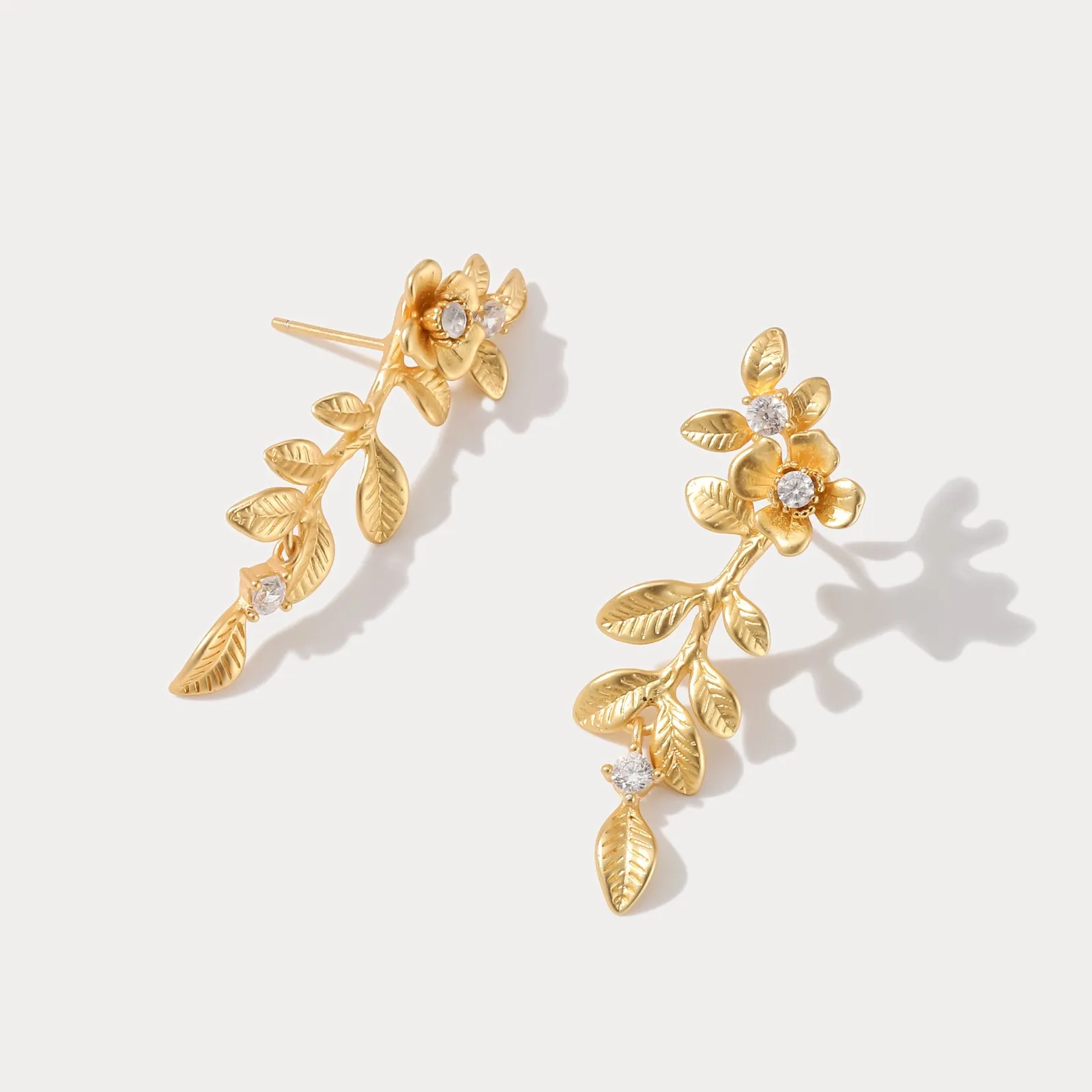 Gold Floral Leaf Drop Earrings