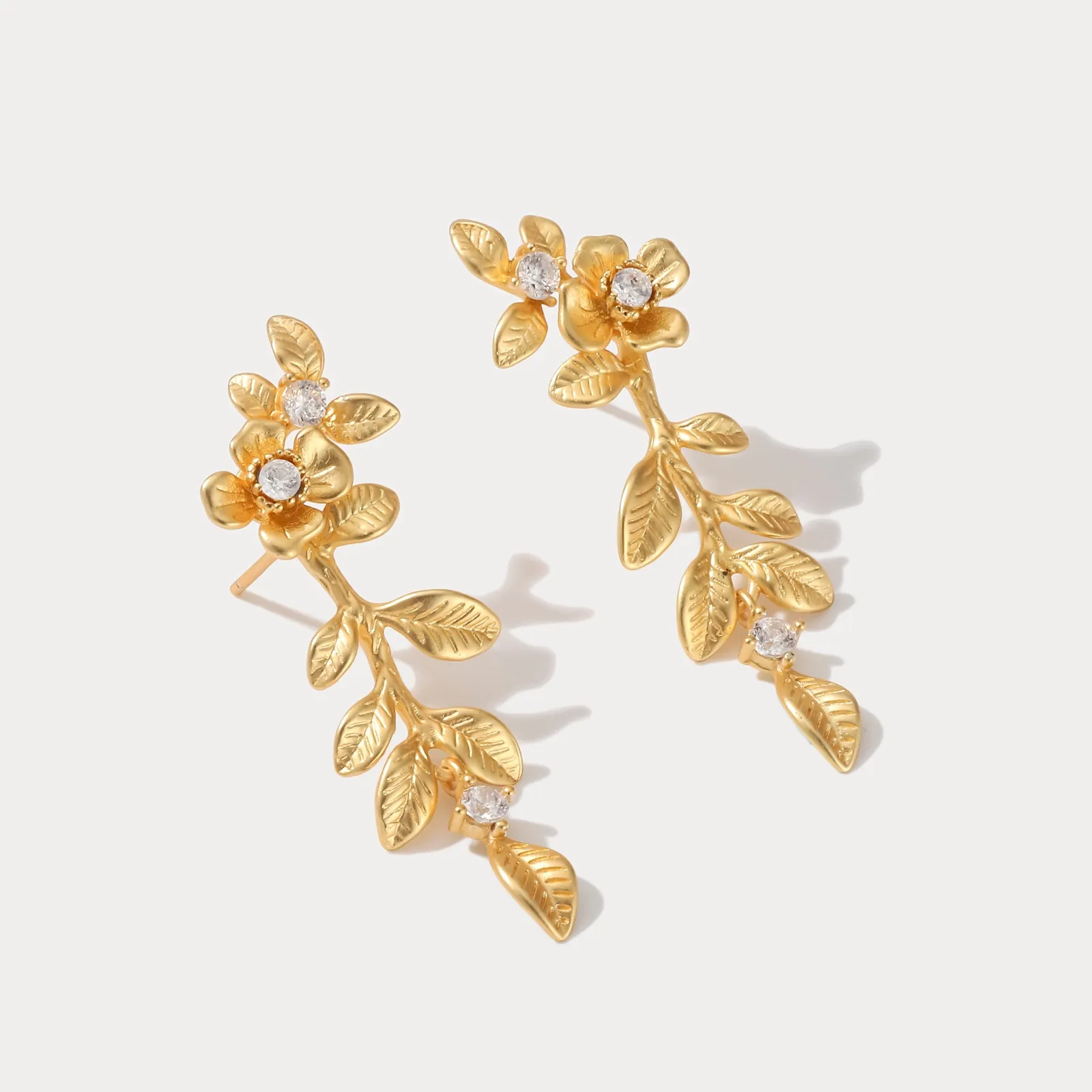 Gold Floral Leaf Drop Earrings