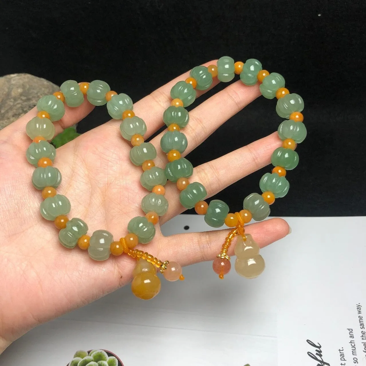 Gourd Charm Natural Aventurine Pumpkin Beads Golden Silk Jade Beaded Strand Bracelets