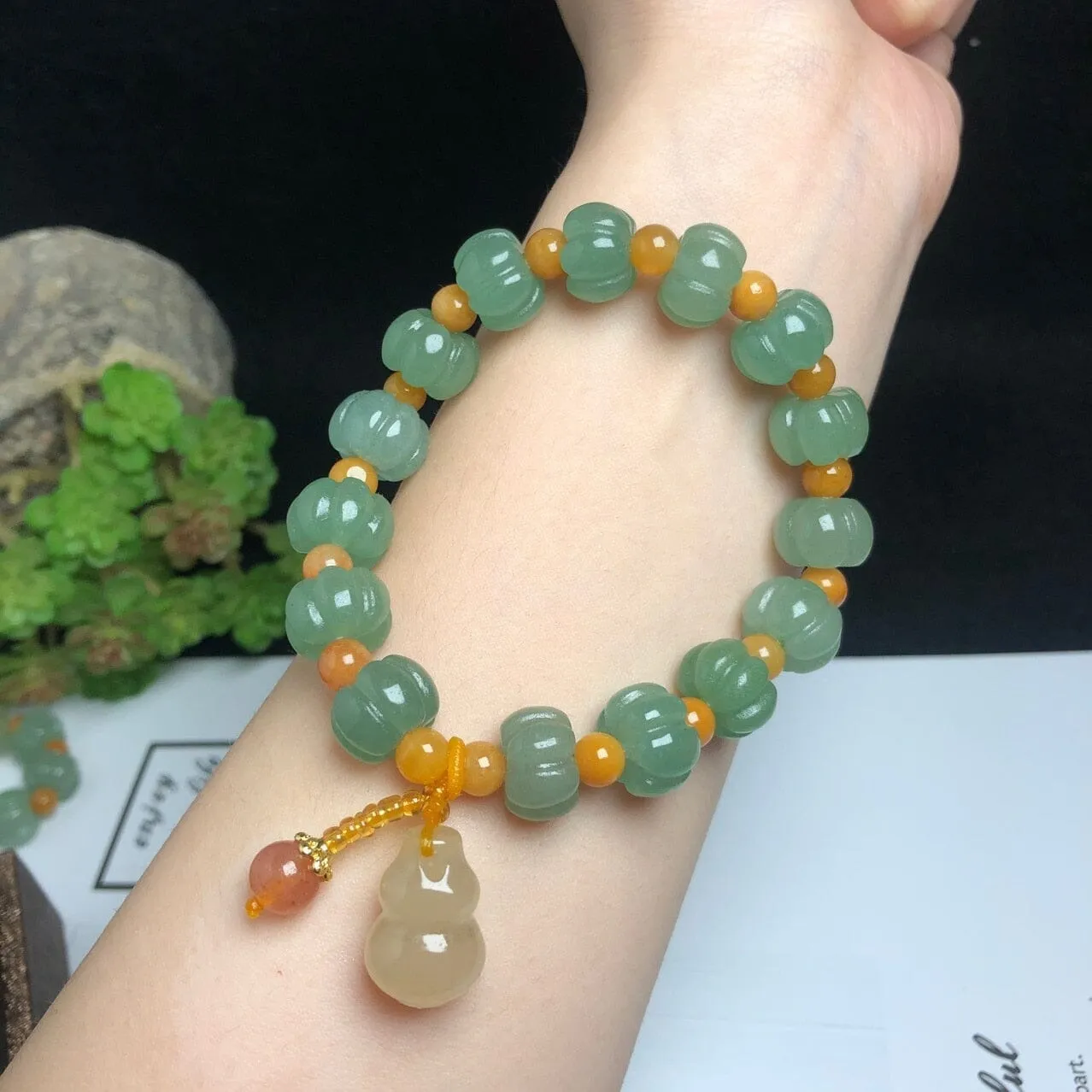 Gourd Charm Natural Aventurine Pumpkin Beads Golden Silk Jade Beaded Strand Bracelets