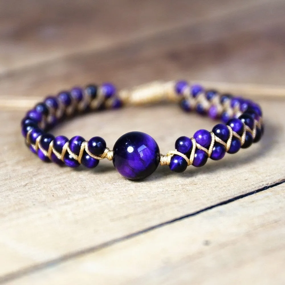 Handmade Natural Stone Charm Purple Tiger Eye String Braided Bracelets