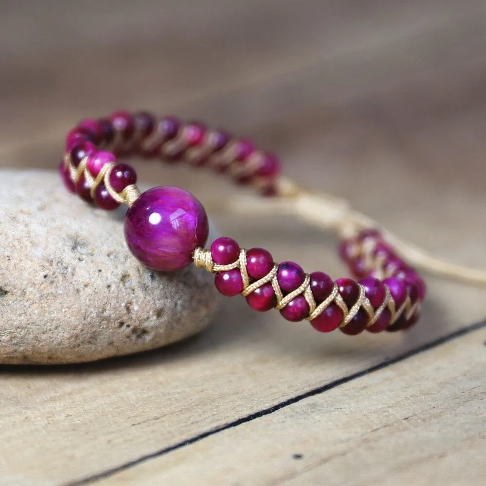 Handmade Natural Stone Charm Purple Tiger Eye String Braided Bracelets