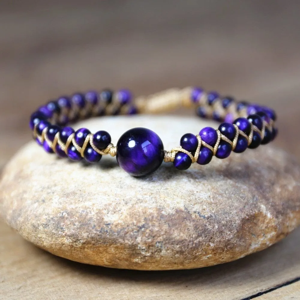 Handmade Natural Stone Charm Purple Tiger Eye String Braided Bracelets