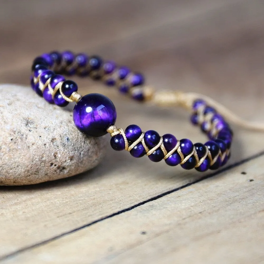 Handmade Natural Stone Charm Purple Tiger Eye String Braided Bracelets