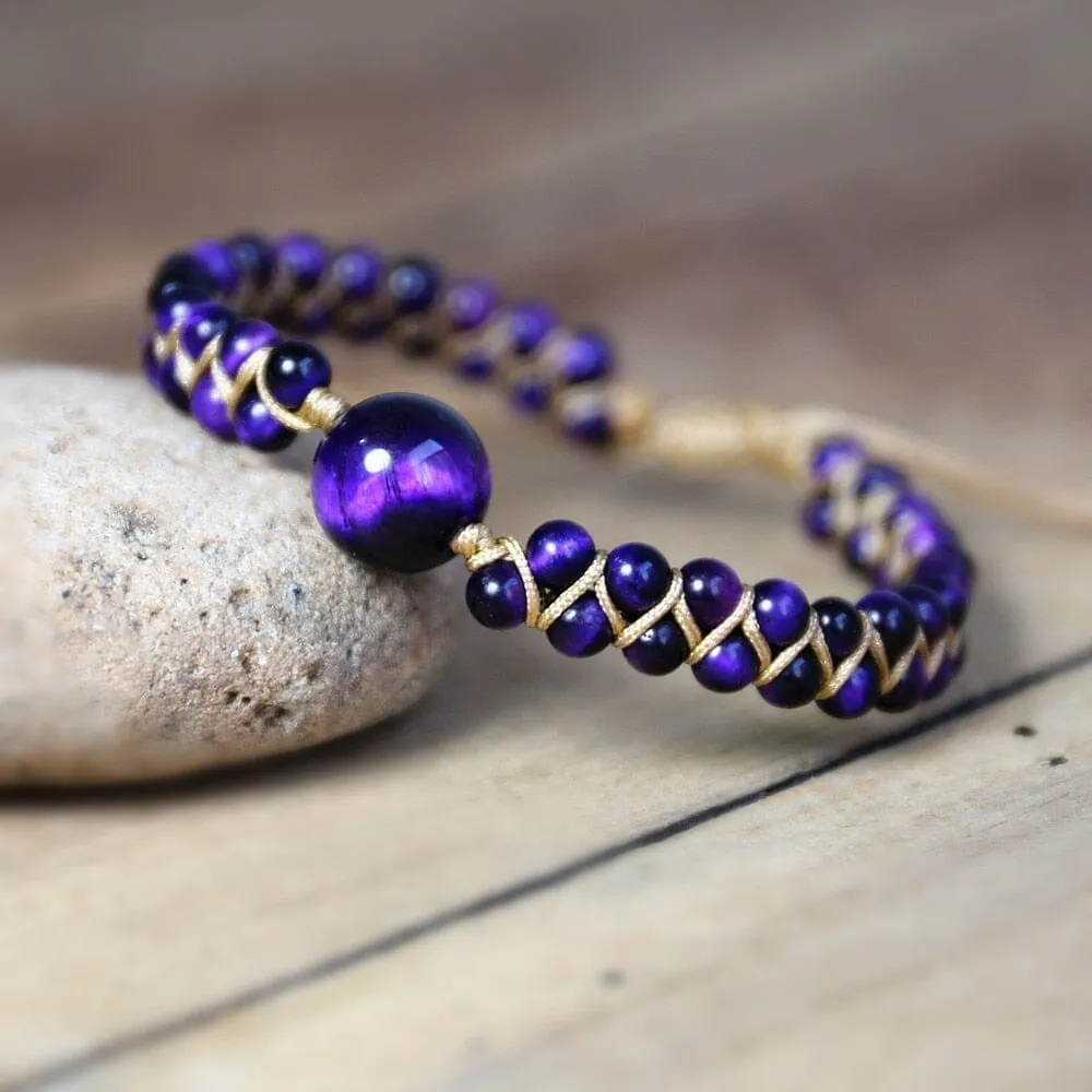 Handmade Natural Stone Charm Purple Tiger Eye String Braided Bracelets