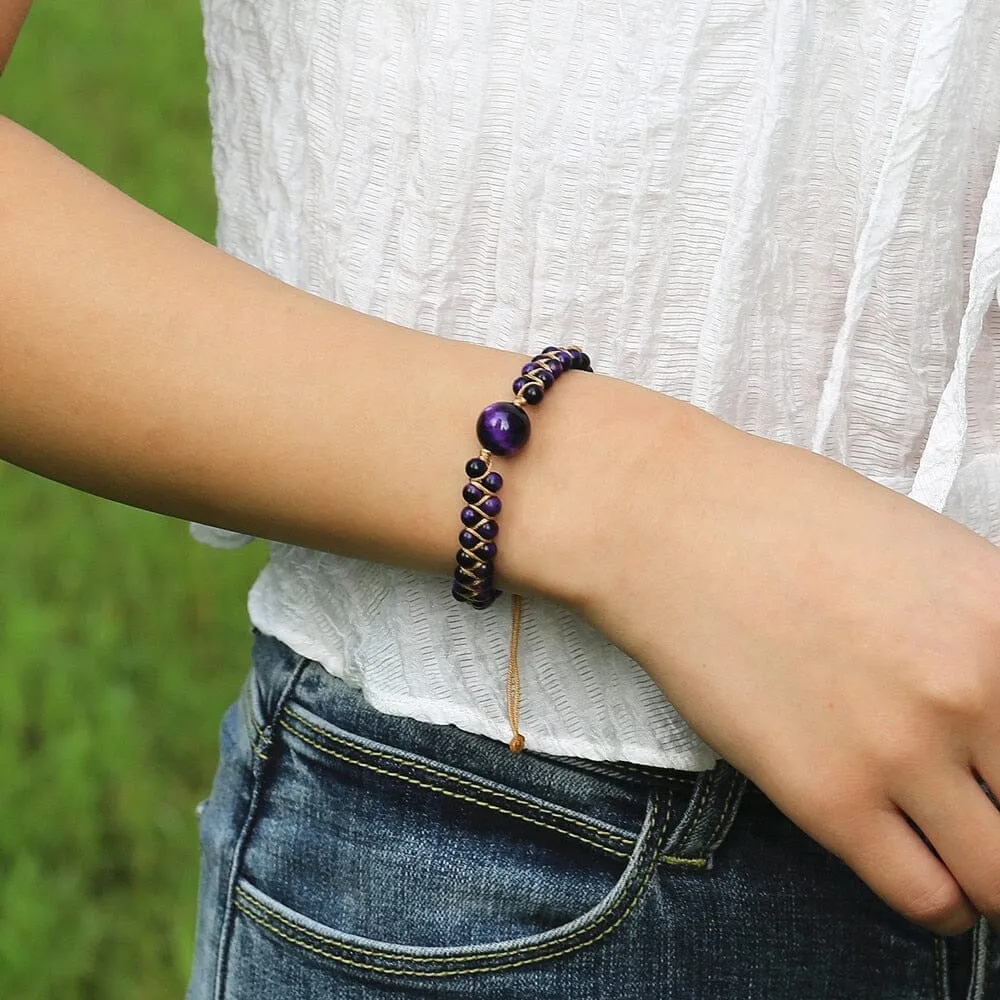 Handmade Natural Stone Charm Purple Tiger Eye String Braided Bracelets