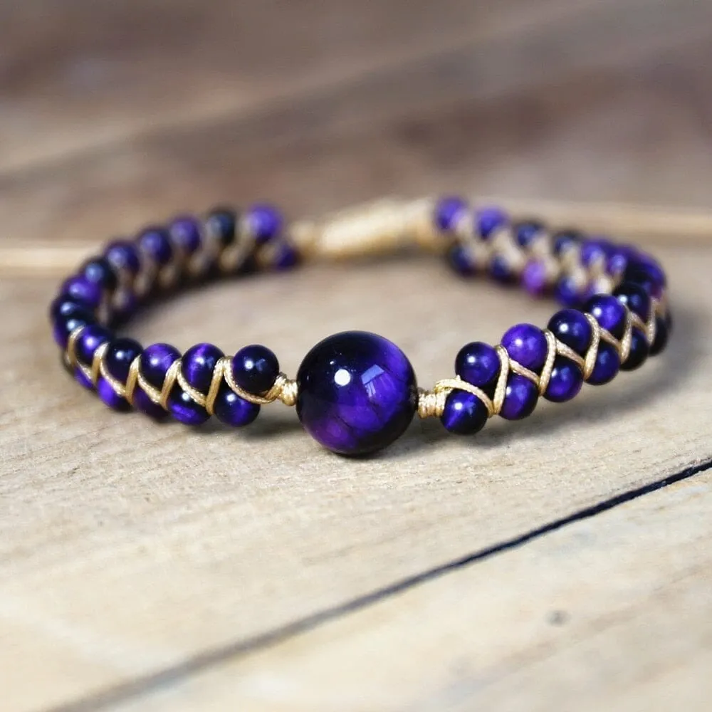 Handmade Natural Stone Charm Purple Tiger Eye String Braided Bracelets