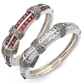 Lot of 2 Judith Jack Sterling Silver Garnet, CZ & Marcasite Bangle Bracelets