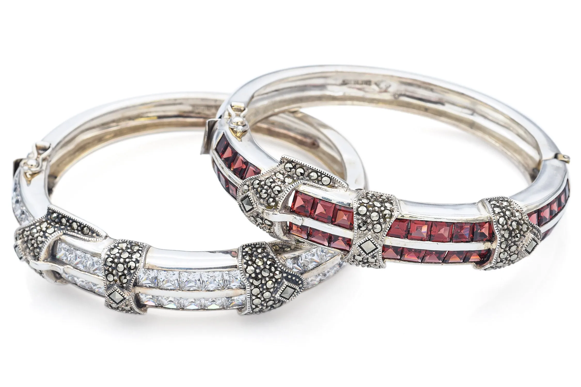 Lot of 2 Judith Jack Sterling Silver Garnet, CZ & Marcasite Bangle Bracelets