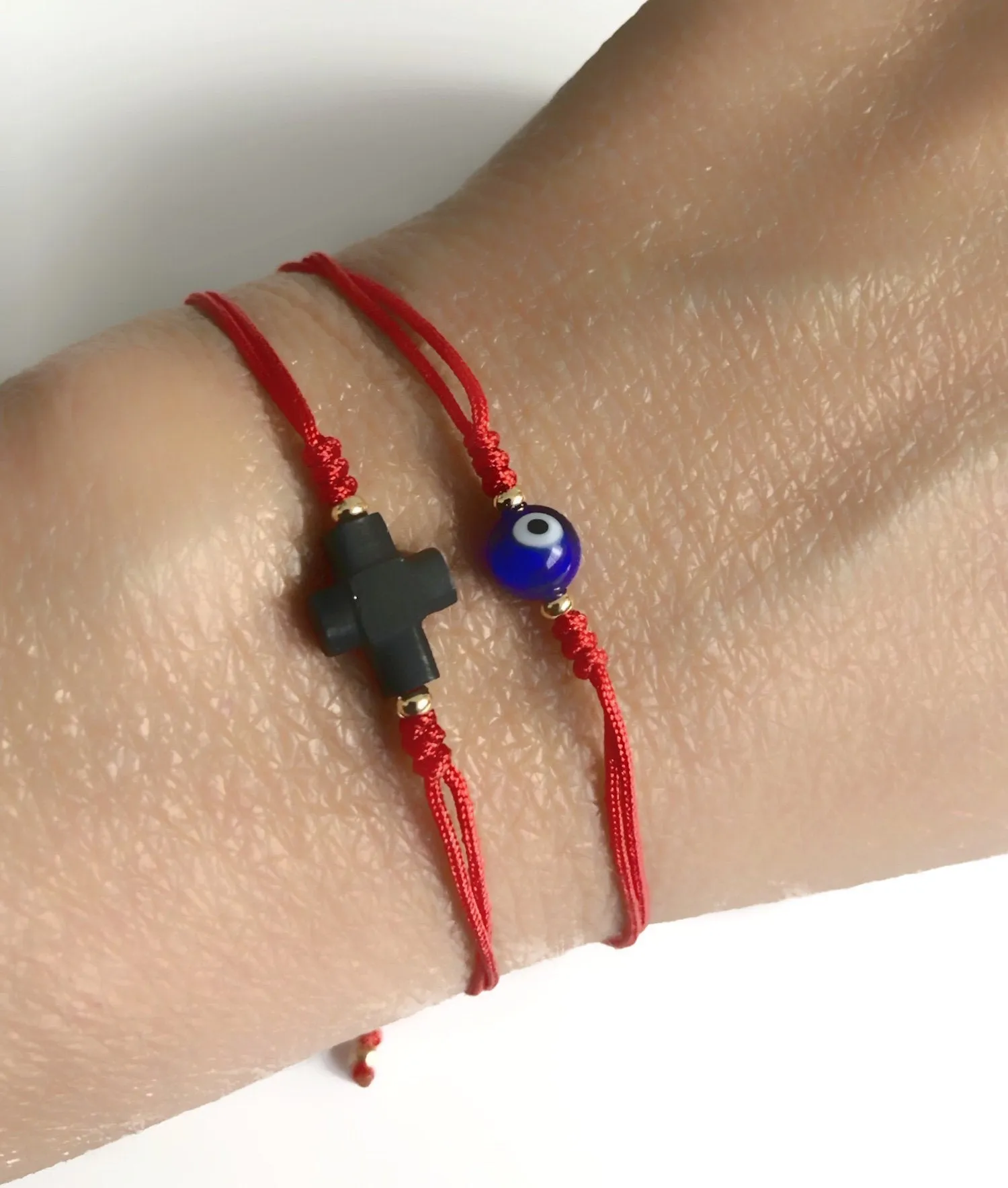 Matching Set of 2 Evil Eye and Jet Stone Adjustable Bracelets