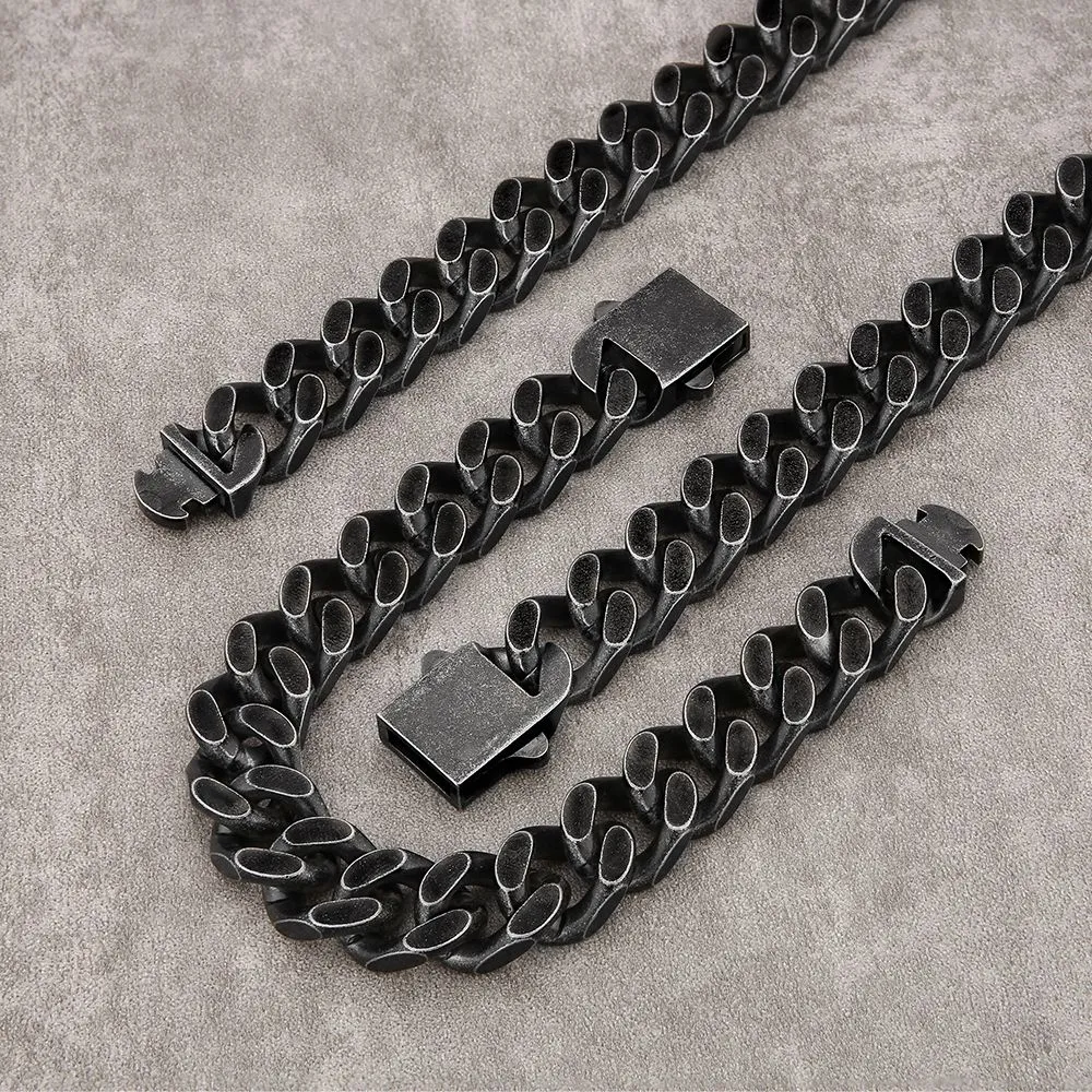 NEW | 14mm Curb Chain and Bracelets Set with Hook Buckle Clasp in Black Gold