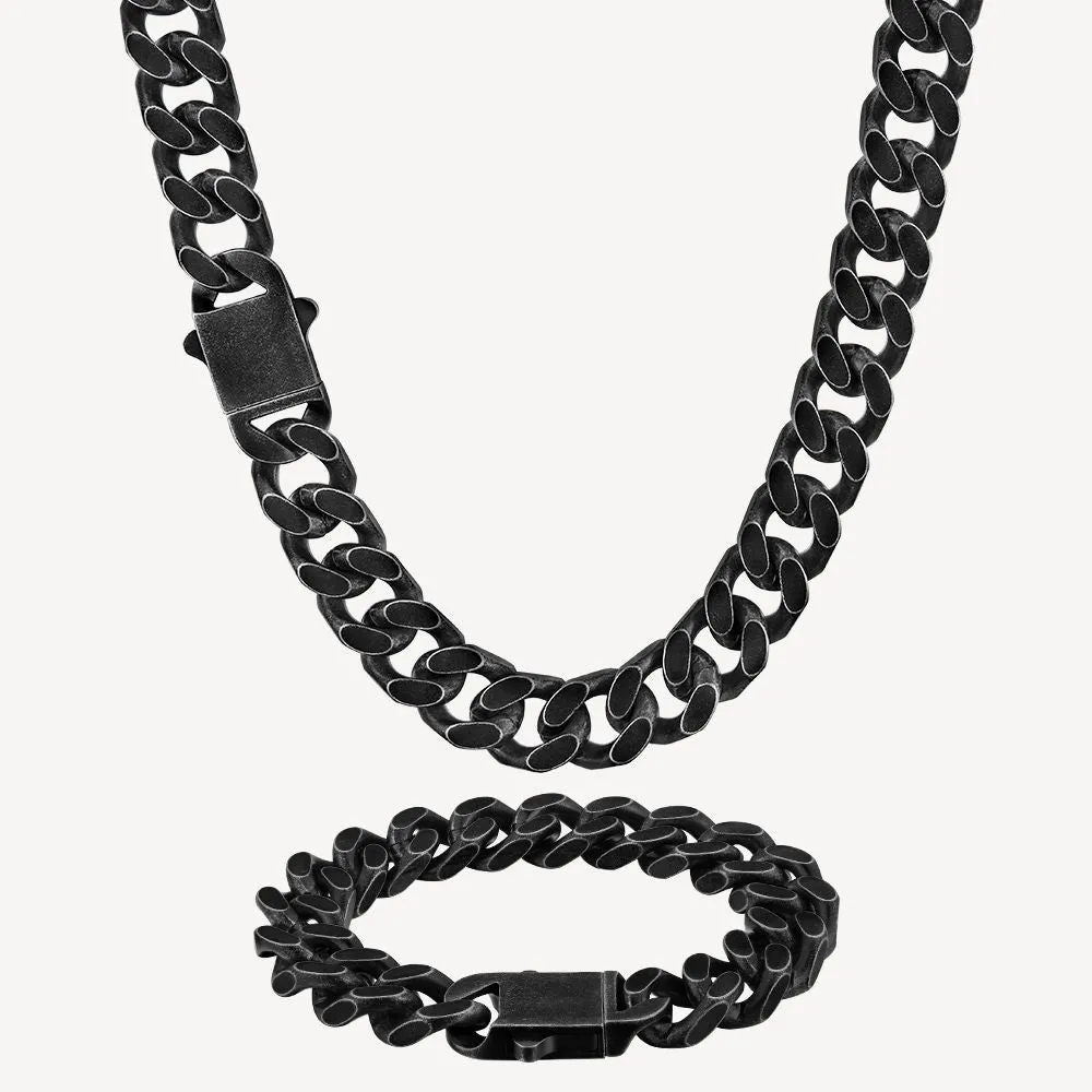 NEW | 14mm Curb Chain and Bracelets Set with Hook Buckle Clasp in Black Gold