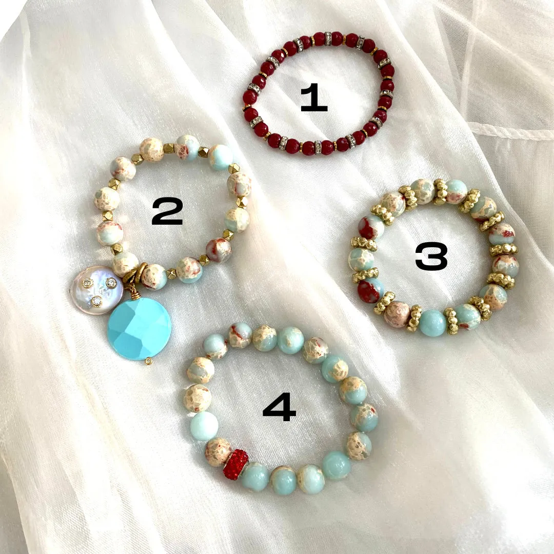 Pale Blue & Deep Red Stretchy Bracelets, Opal Sediment Jasper, Red Agate, Pearl and Turquoise Charms