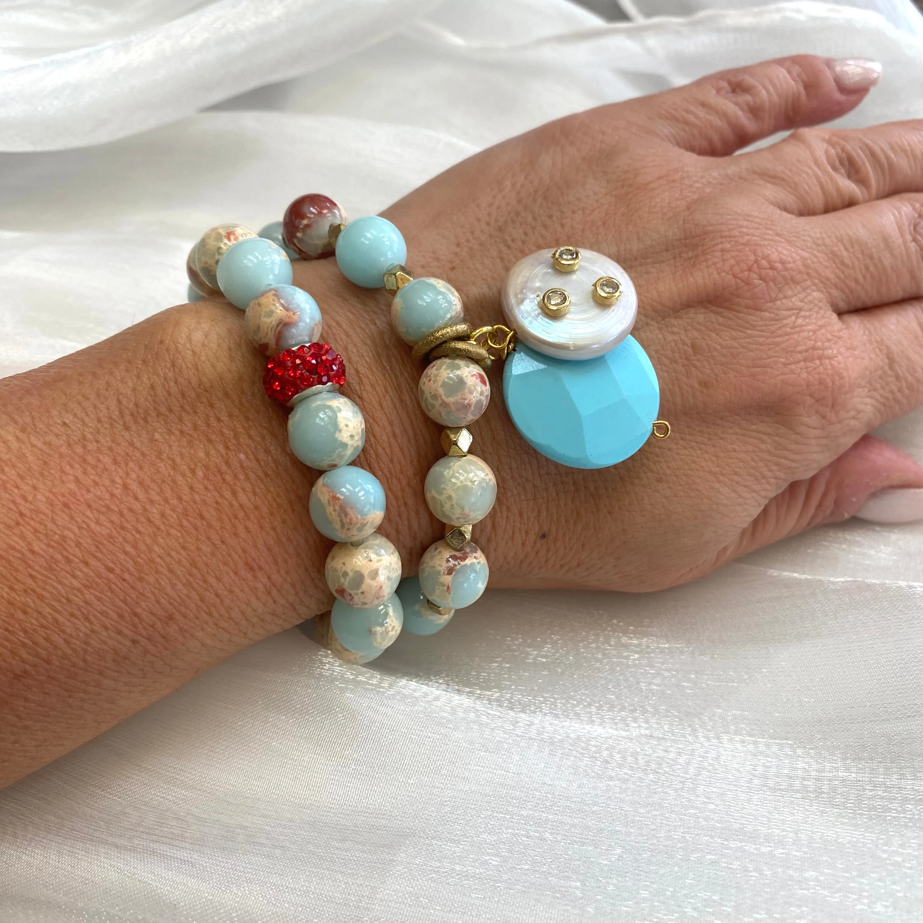 Pale Blue & Deep Red Stretchy Bracelets, Opal Sediment Jasper, Red Agate, Pearl and Turquoise Charms