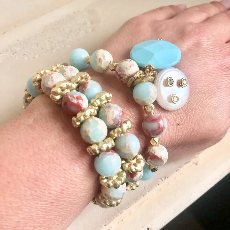 Pale Blue & Deep Red Stretchy Bracelets, Opal Sediment Jasper, Red Agate, Pearl and Turquoise Charms