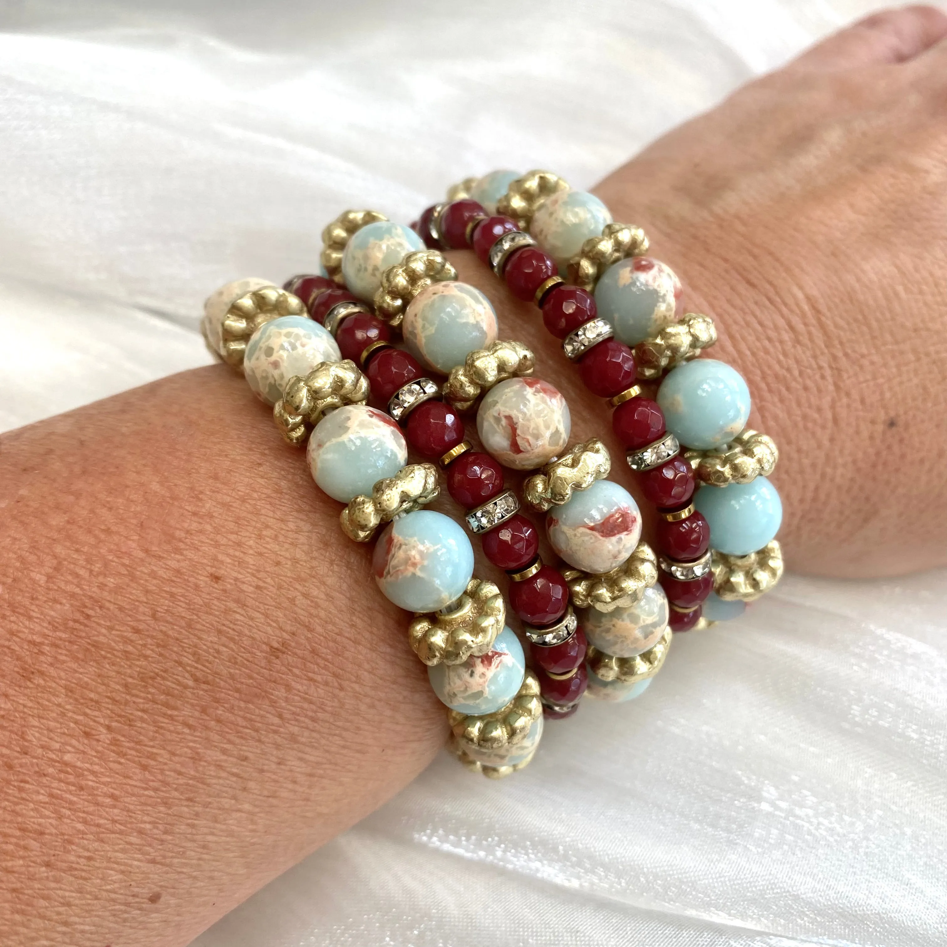 Pale Blue & Deep Red Stretchy Bracelets, Opal Sediment Jasper, Red Agate, Pearl and Turquoise Charms