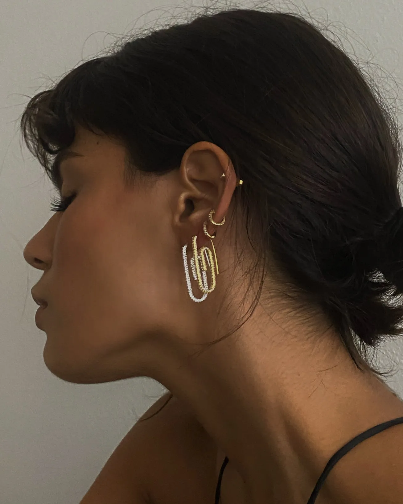 Pave Paper Clip Earrings- Gold