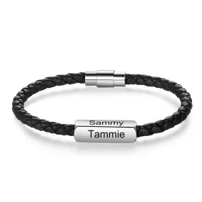 Personalized Engraved 4 Names Black Braided Leather Bracelets