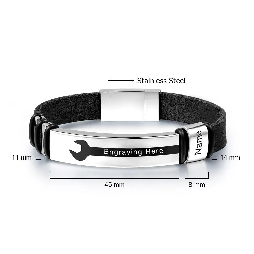 Personalized Engraved Name Black Leather Bracelets For Men