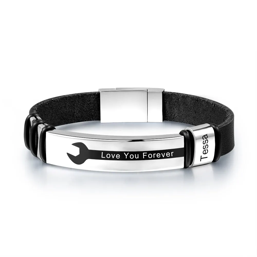 Personalized Engraved Name Black Leather Bracelets For Men