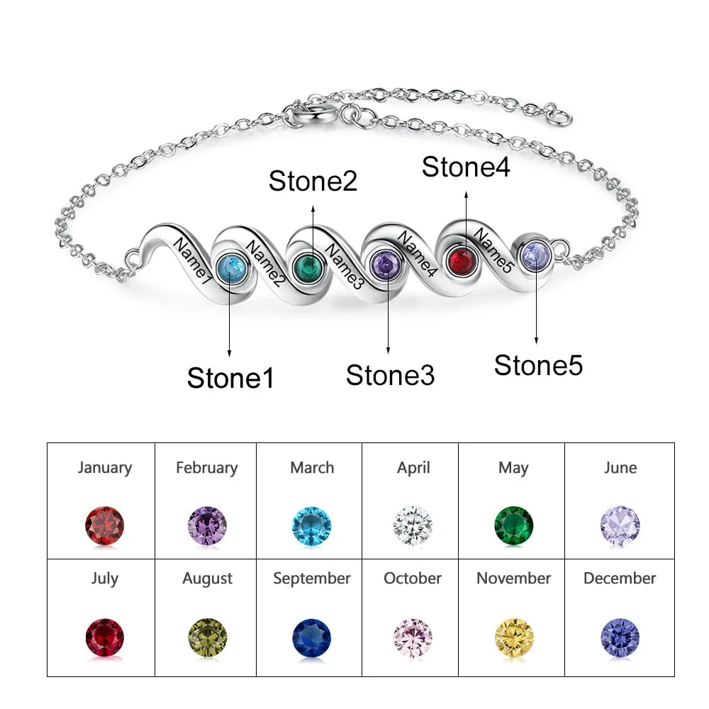 Personalized Mother Bracelet with 5 Inlaid Birthstones Custom Name Engraved Bracelets Christmas Gift for Friends