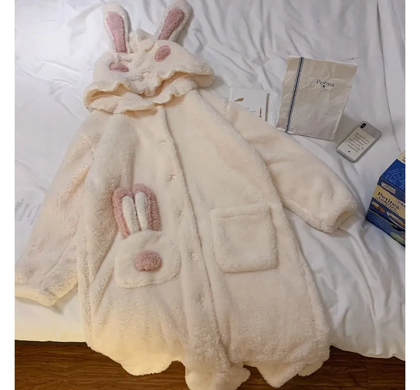 Rabbit Ear Hooded Fleece Pajama Robe OE16