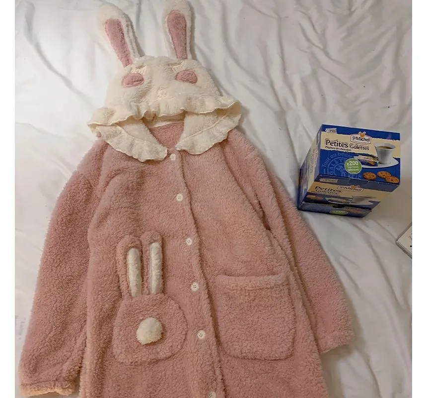 Rabbit Ear Hooded Fleece Pajama Robe OE16