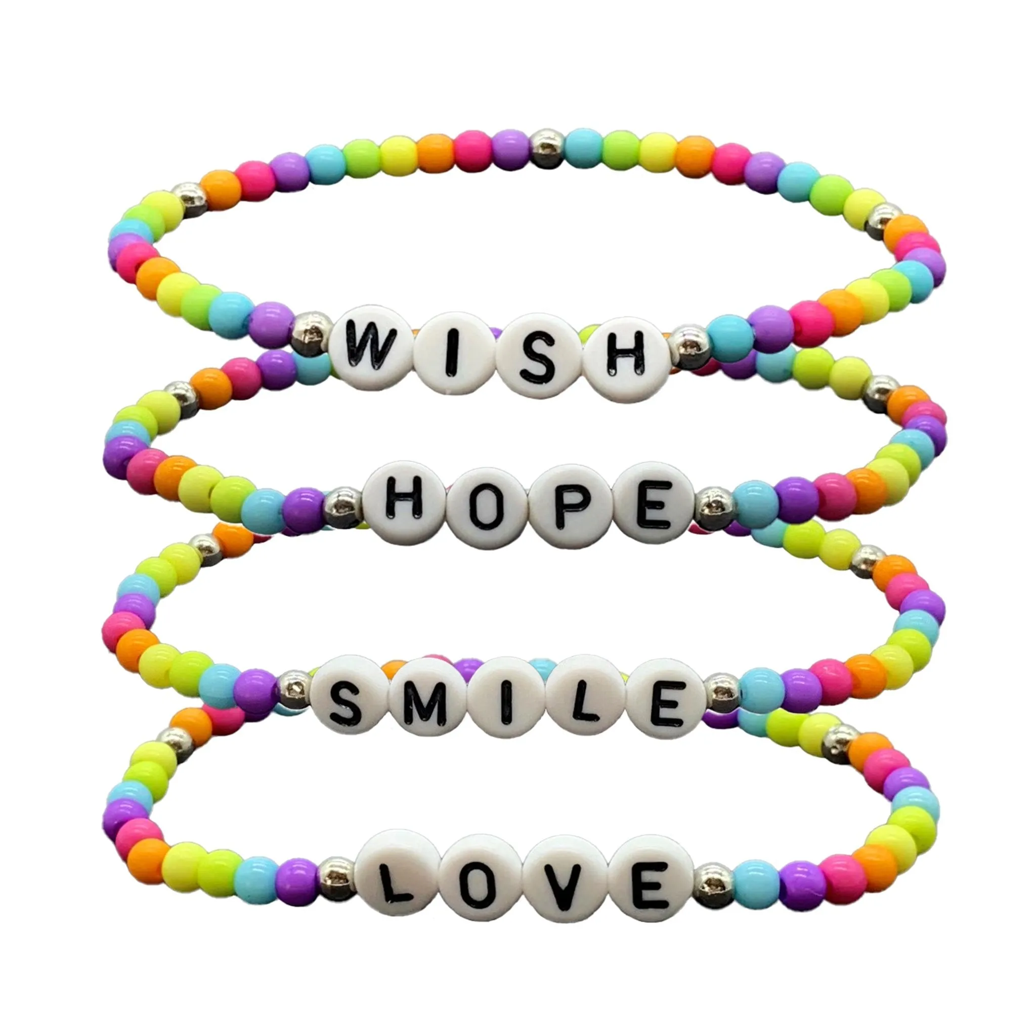 Rainbow Beaded Affirmation Word Bracelets - 4 Pack