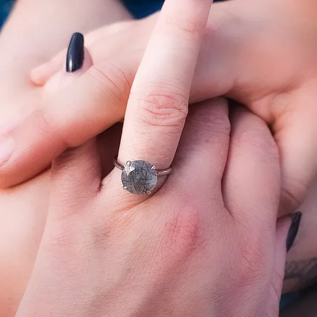 Salt and Pepper Black Tourmalinated Quartz Ring - Tourmalinated Quartz Ring