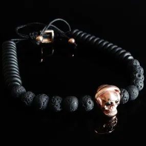 Set of 2 Men's Bracelets Silver Skull & Black Lava Rock 6mm