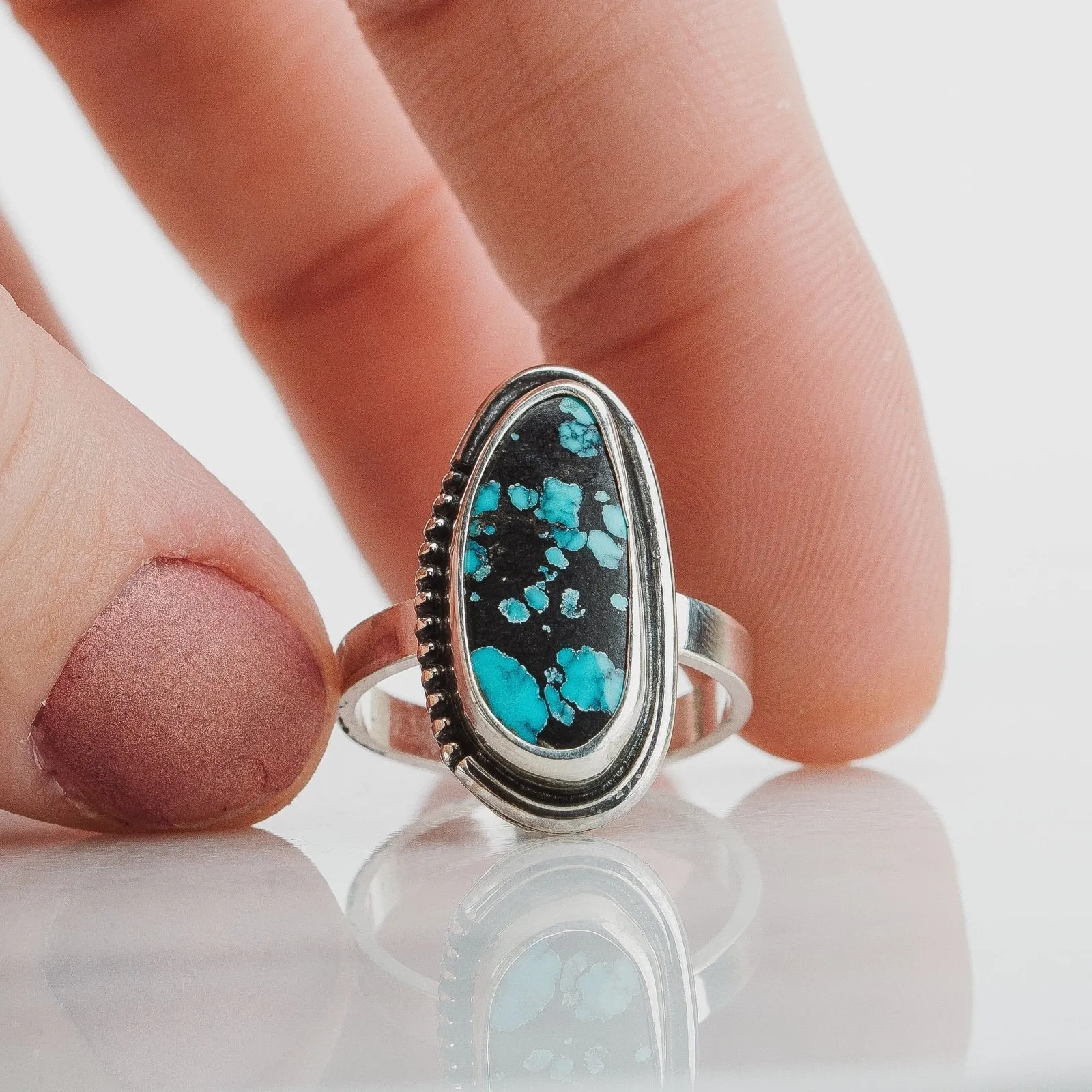 Size 6.75 Black & Blue Cloud Mountain Turquoise Gemstone Ring