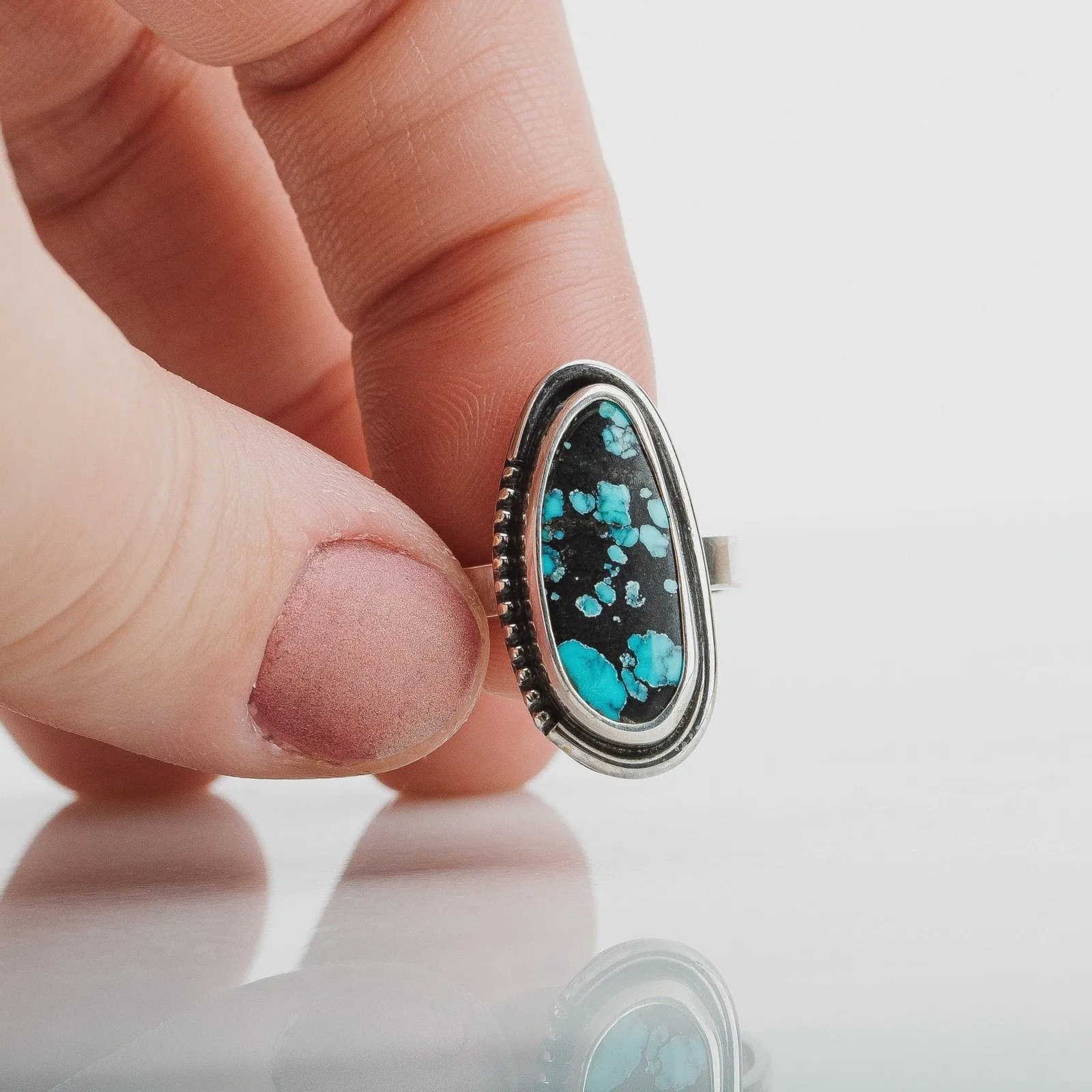 Size 6.75 Black & Blue Cloud Mountain Turquoise Gemstone Ring