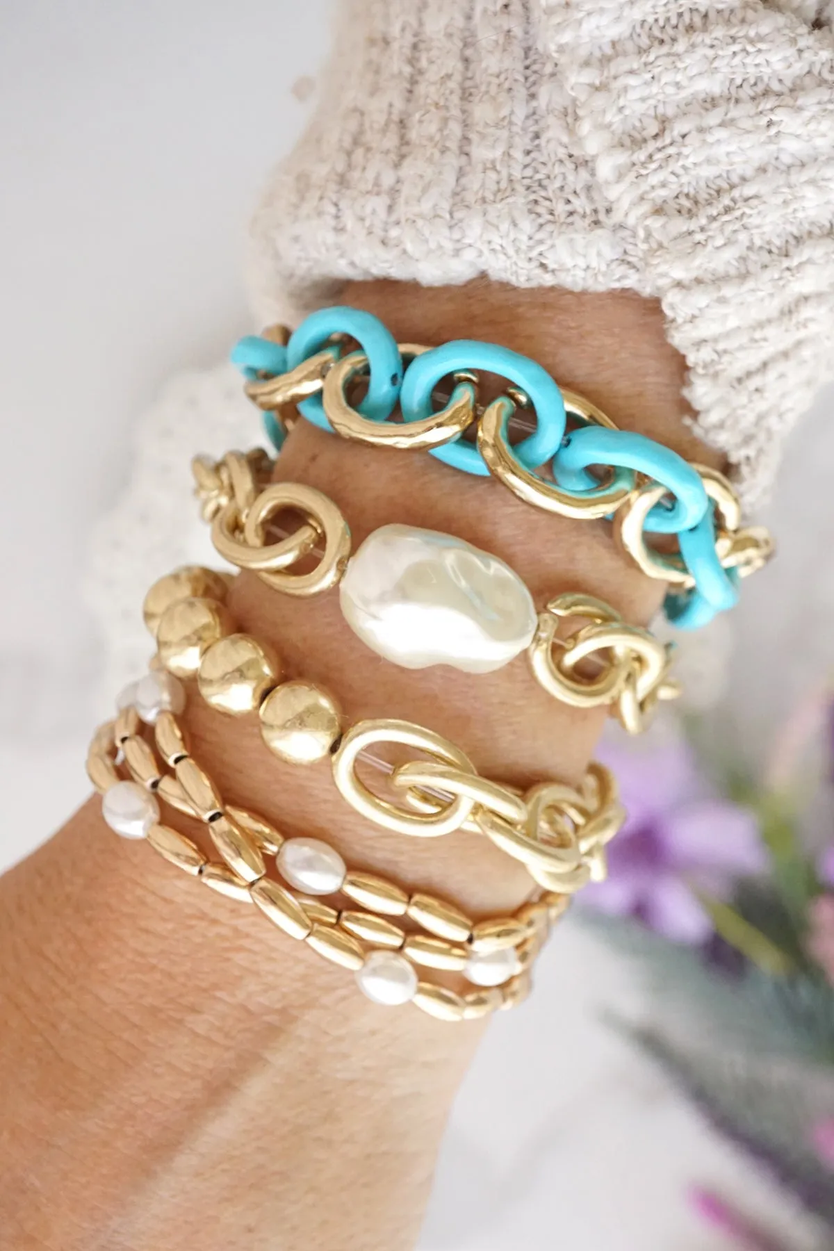 Worn Gold tone and pearls beaded bracelet stack of 3 bracelets