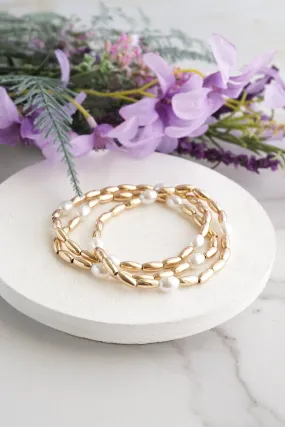 Worn Gold tone and pearls beaded bracelet stack of 3 bracelets